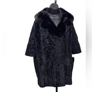 VINTAGE BLACK PERSIAN LAMB COAT WITH MINK COLLAR . 60s swing . SZ M-L